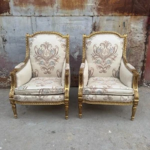 French Louis XV Style Off-White Bergere Wing Chair with Gold Leaf Details - Picture 1 of 2