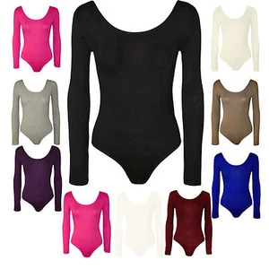 Ladies Women Plain Stretch Jersey Red Tartan Leotard Long Sleeve Top Bodysuit - Picture 1 of 10