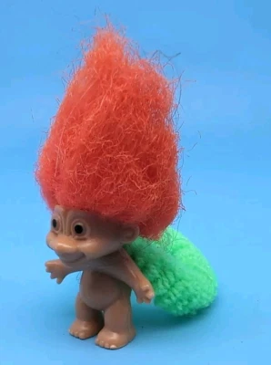 VINTAGE TROLL DOLL Mini on HAIR SCRUNCHIE Orange Hair Green Scrunchie 80s! - Image 1 of 4