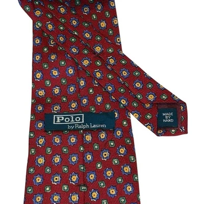 Vintage Polo Ralph Lauren Handmade Silk Tie USA | Burgundy Geometric Print 90s - Image 1 of 4