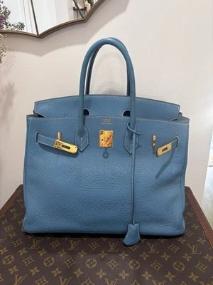 Auténtico Jean Togo HERMES BIRKIN 35 Azul Cuero Dorado Herrajes RARO Foto 1 de 4