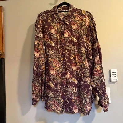 Sophisticates Jonathan Martin Silk Floral Button Down Blouse Long Sleeve Plum 1X - Image 1 of 4