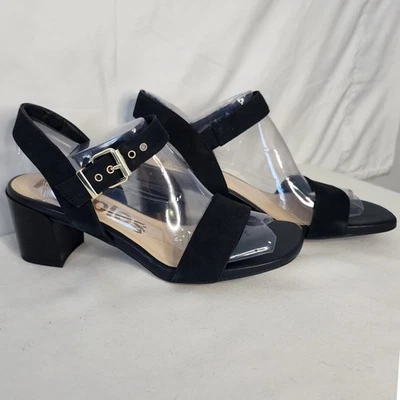 Hush Puppies 块跟凉鞋黑色麂皮绒踝带金色扣 8 码 — 第 1/4 张图片