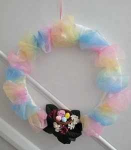 Decorative Spring Wreath - approx. 13"- bird nest , multicoloured mesh ribbon - Picture 1 of 6