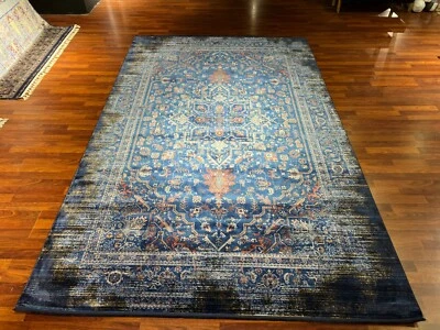 Alfombra de seda de bambú azul negro de 7x10 pies alfombra de lujo con patrón de medallón para sala de estar Foto 1 de 4