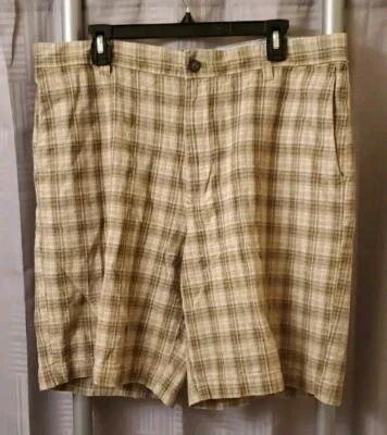 IZOD Chino Shorts Mens 36 Beige Plaid 55% Linen 45% Cotton Golf Casual - Image 1 of 4