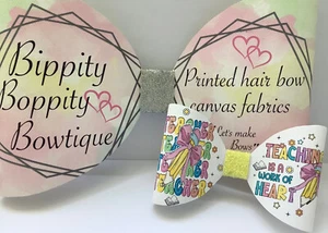 TEACHER HEART 4 INCH PRINTED CANVAS FABRIC BOW LOOPS TO MAKE OWN HAIR BOWS - Picture 1 of 4