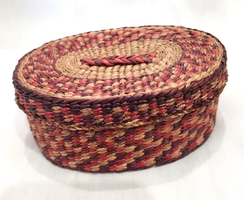 Vintage Hand Woven Sweetgrass Basket Box with Lid & Handle Made Old China Label Cover