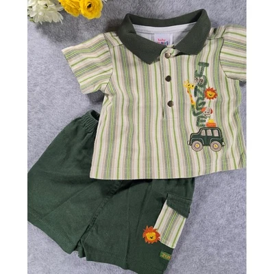 Conjunto de traje de safari en la selva Okie Dokie 0-3 meses bordado a rayas verdes Foto 1 de 4