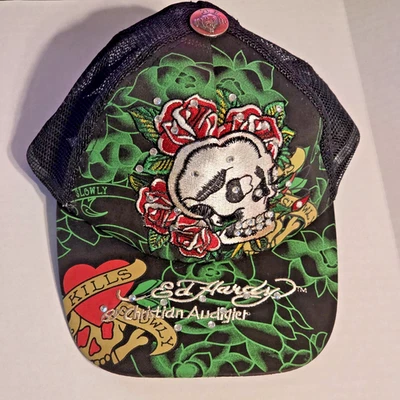 De colección Ed Hardy Designs Mata Lentamente Calavera Rosas Camionero Sombrero Negro Malla Trasera Foto 1 de 4