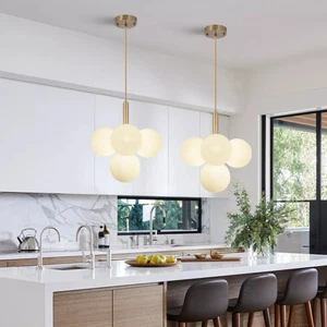 4-Light Frosted Glass Chandelier Milk White Globes Pendant Lamp Ceiling Lighting - Picture 1 of 16