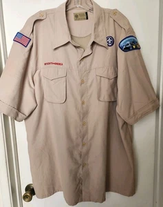 Boy Scouts of America BSA Herren Hemd hellbraun Medium belüftet Poly Mikrofaser genäht Pat - Bild 1 von 3