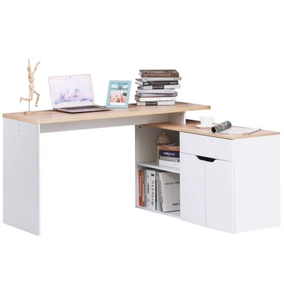 HOMCOM Scrivania Angolare con Piano Estraibile e Libreria color Legno e Bianco - Immagine 1 di 4