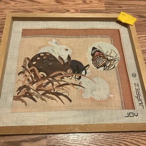 Needlepoint Handpainted Joy Juarez Bunny Rabbits And Butterfly - Picture 1 of 10