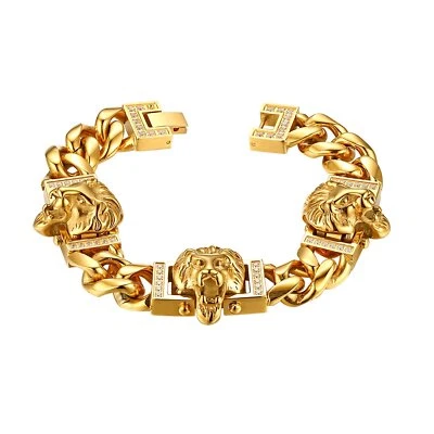 Mens Heavy Study Biker Stainless Steel Lion Head CZ Curb Chain Bracelet 8.7" - Image 1 of 4