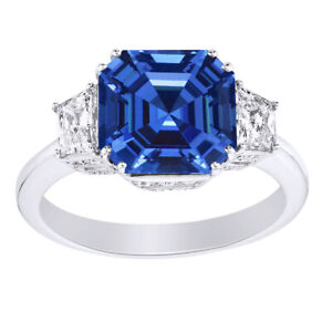 3.38 Ct Sapphire 18K White Gold Three Stone Engagement Ring Free & Fast Shipping