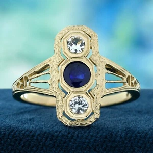 9K Gold Natural Blue Sapphire White Sapphire Vintage Style Three Stones Ring - Picture 1 of 8