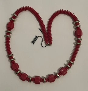 VTG Genuine Lucite Necklace Red Beads Silver Spacers On String Original Tag 14” - Picture 1 of 14