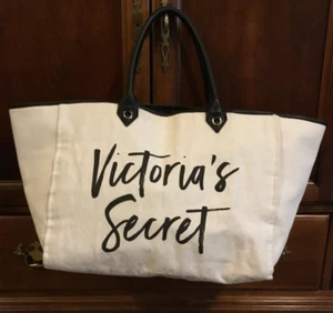 Victoria's Secret Beige Fabric & Black Pleather Tote Bag - Picture 1 of 10