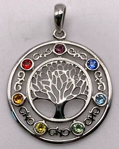 Sterling Silver Rainbow Round Tree of Life Pendant with Rainbow Stones - Picture 1 of 5