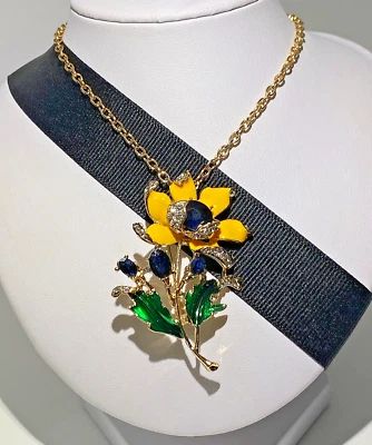 BETSEY JOHNSON CRISTAL AZUL Y ESMALTE AMARILLO FLOR ORO TALLO PIN COLGANTE Foto 1 de 4