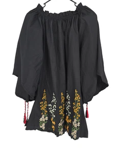 Velzera Size Large Womens Tunic Top Black Boho Hippie Floral Embroidered NWT - Picture 1 of 7