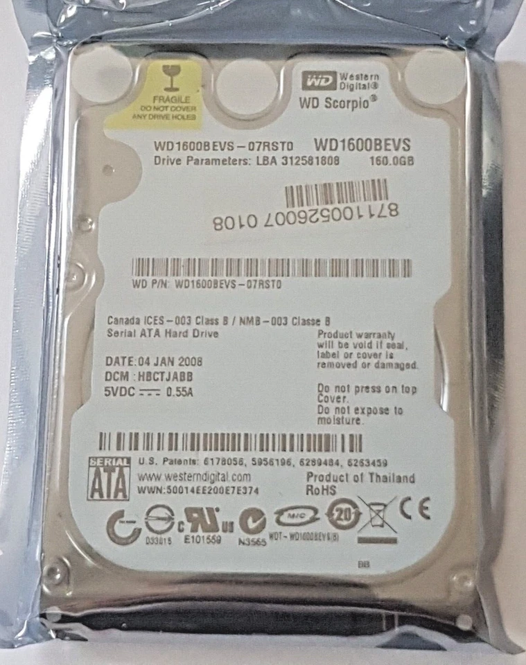 160 GB SATA Western Digital WD1600BEVS-07RST0 5400rpm 8MB 2.5 " Hard Drive New - Image 1 of 1