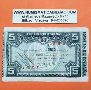 @MAYOR NÚMERO DE SERIE CONOCIDO@ BILBAO 5 PESETAS 1937 BANCO GUIPUZCOANO A999339 - Picture 1 of 3