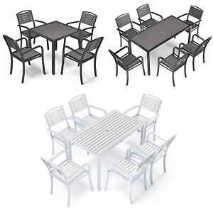Patio Dining Table with Umbrella Hole And 4/6 Seater Chairs Outdoor Furniture