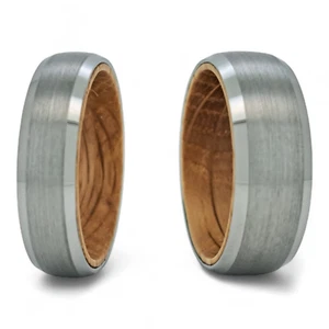 Couple Titanium Steel Ring with Real Wood - Engraved Comfort Fit Wedding Band - Picture 1 of 8