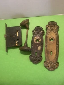 Antique Entrance Door Set Victorian / Eastlake Backplate Knob Mortise Lock - Picture 1 of 14