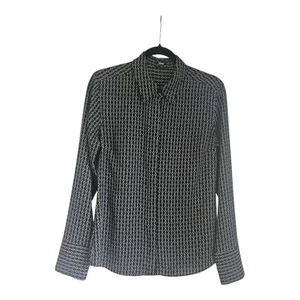Express Womens M Slim Portofino Blouse Shirt Black Geometric Button-Up Collared - Picture 1 of 9