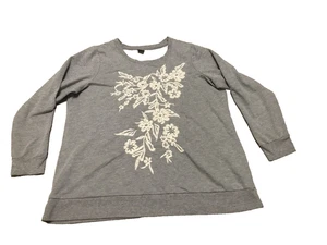 Damen Sweatshirt geblümt grau bestickt Größe 14/16 Frottee Langarm Boho - Bild 1 von 12