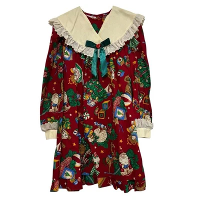 Vestido de férias vermelho festivo vintage idade arco meninas colarinho creme detalhe de laço tamanho 6X EUA - Imagem 1 de 4