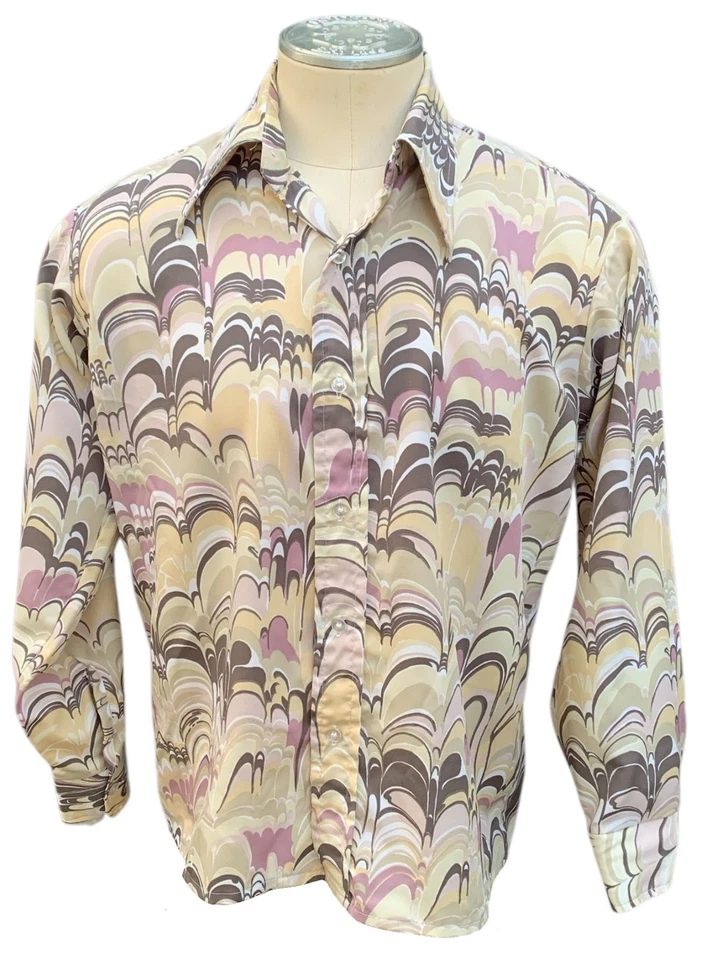 ANDY NEW YORK Vintage mid-70s Men's LS Polyester Disco Shirt - Sz L  - Image 1 of 4