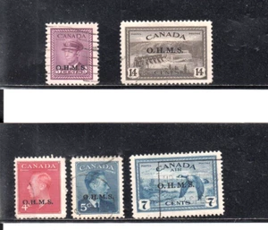 CANADA #O2, O7, O15, O15A +CO2 LOT OF 5 OVERPRINTED O.H.M.S. USED STAMPS - Picture 1 of 1