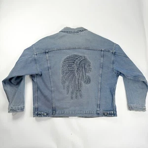 Vintage Indian Motorcycle Denim Jean Jacket Cheif Head Embossed Logo XL Retro - Picture 1 of 16