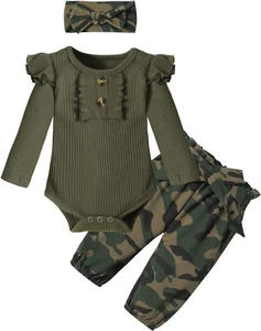 Newborn Baby Girl Clothes Ribbed Ruffle Sleeve Romper + Floral Pants + Headband - Picture 1 of 12