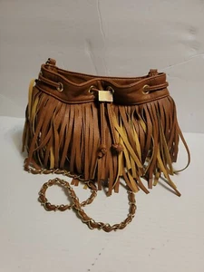 Olivia + Joy Small Brown Gold Fringe Drawstring Crossbody Satchel Bag Purse - Picture 1 of 7