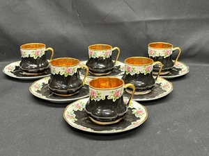 Set of 6 ~ Vintage "BLACK / GOLD / PINK ROSES" Demitasse Cups & Saucers ~ 2 1/4" - Picture 1 of 13