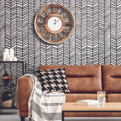 Cat Coquillette Black and Green Herringbone Peel and Stick Boho Wallpaper Diy - Image 1 of 4