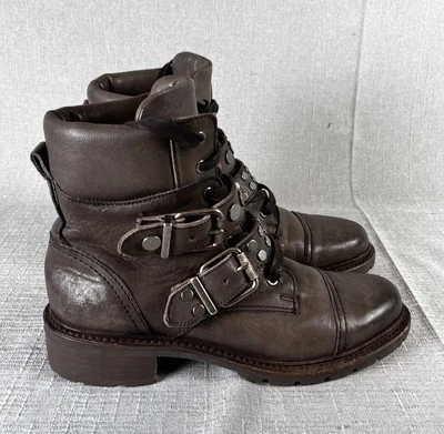 Botas Frye para Mujer Samantha Tachuelas Cinturón Motociclista Combate Gris Talla 8.5 B Cuero Usadas en Excelente Condición Foto 1 de 4