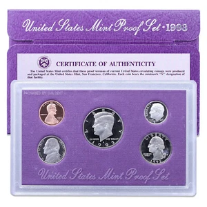 1993 S Proof Set Original Box & COA 5 Coins CN-Clad - Picture 1 of 9