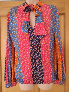 New ONJENU blouse top size 8 10 rainbow flowers pussy bow neck tie multi - Picture 1 of 2