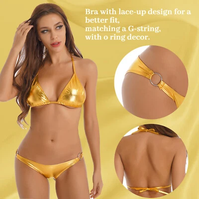 DE Damens Wetlook Bikini Set Metallic Neckholder BH Tops mit Bikinislip Glänzend - Bild 1 von 2