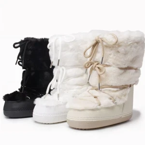 Winter Fur Boots Snow Boots Women Fluffy Fuzzy Furry Faux Fur Boots Middle Calf - Picture 1 of 22