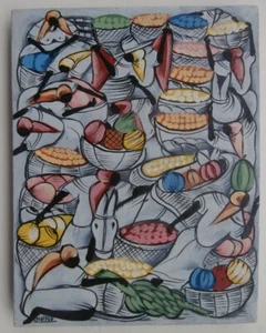 Haitian Painting on Canvas Black Caribbean Artist Nono Haiti Fruit Market Women - Picture 1 of 8