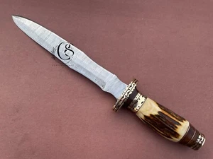 Stag Horn Damascus Dagger, Handmade Antler Deer Fixed Blade Hunting Knife, Gift - Picture 1 of 10