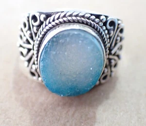 Anillo Druzy Azul Talla 6 Plata de Ley 925 Elegante Remolinos Cuentas y Cuerda Borde 3.8g - Imagen 1 de 10