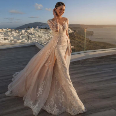 Elegantes Vestidos de Novia Sirena Manga Larga con Tren Desmontable Vestidos de Novia Foto 1 de 4
